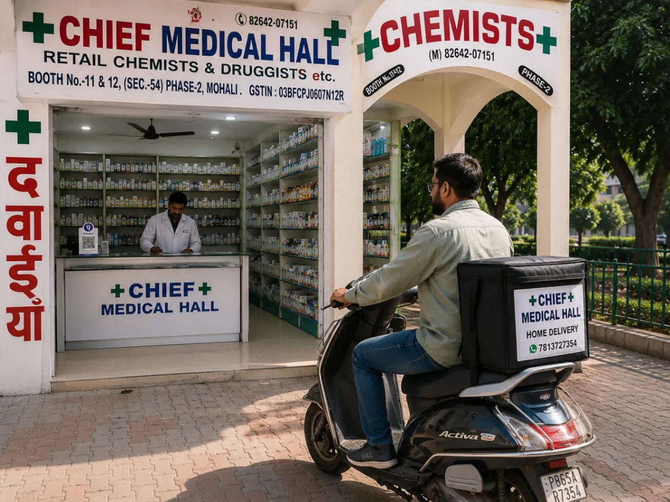 Chief Medical Hall exterior storefront in Phase 2 Mohali with home delivery scooter