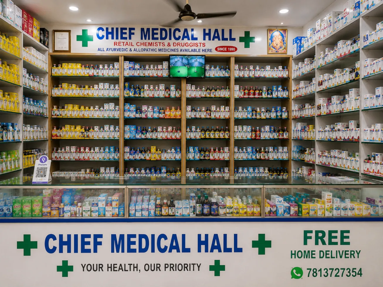 Front interior shelves and healthcare products at Chief Medical Hall