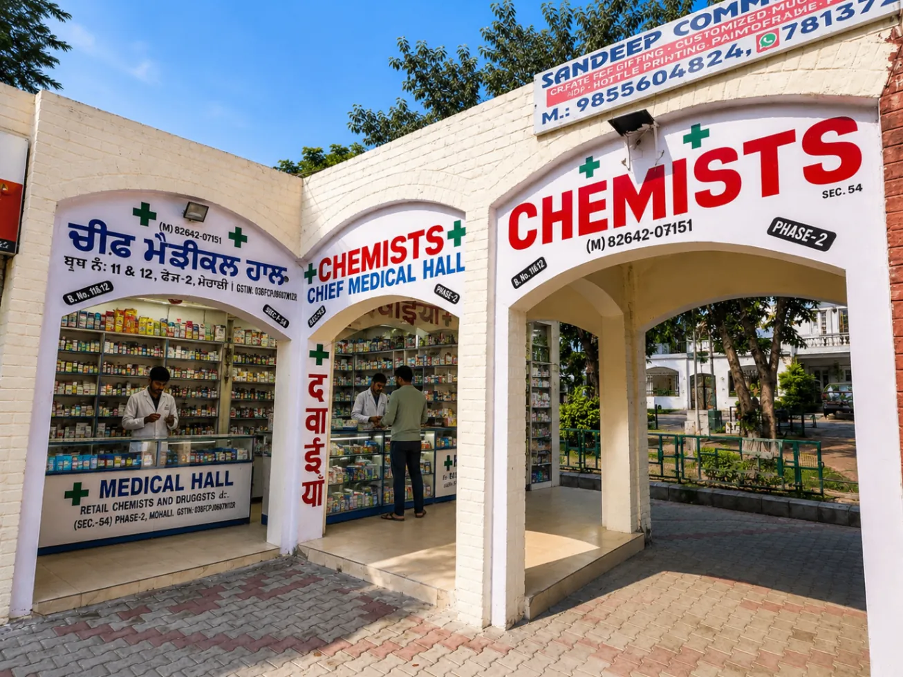 Arcade view of Chief Medical Hall storefront in Mohali