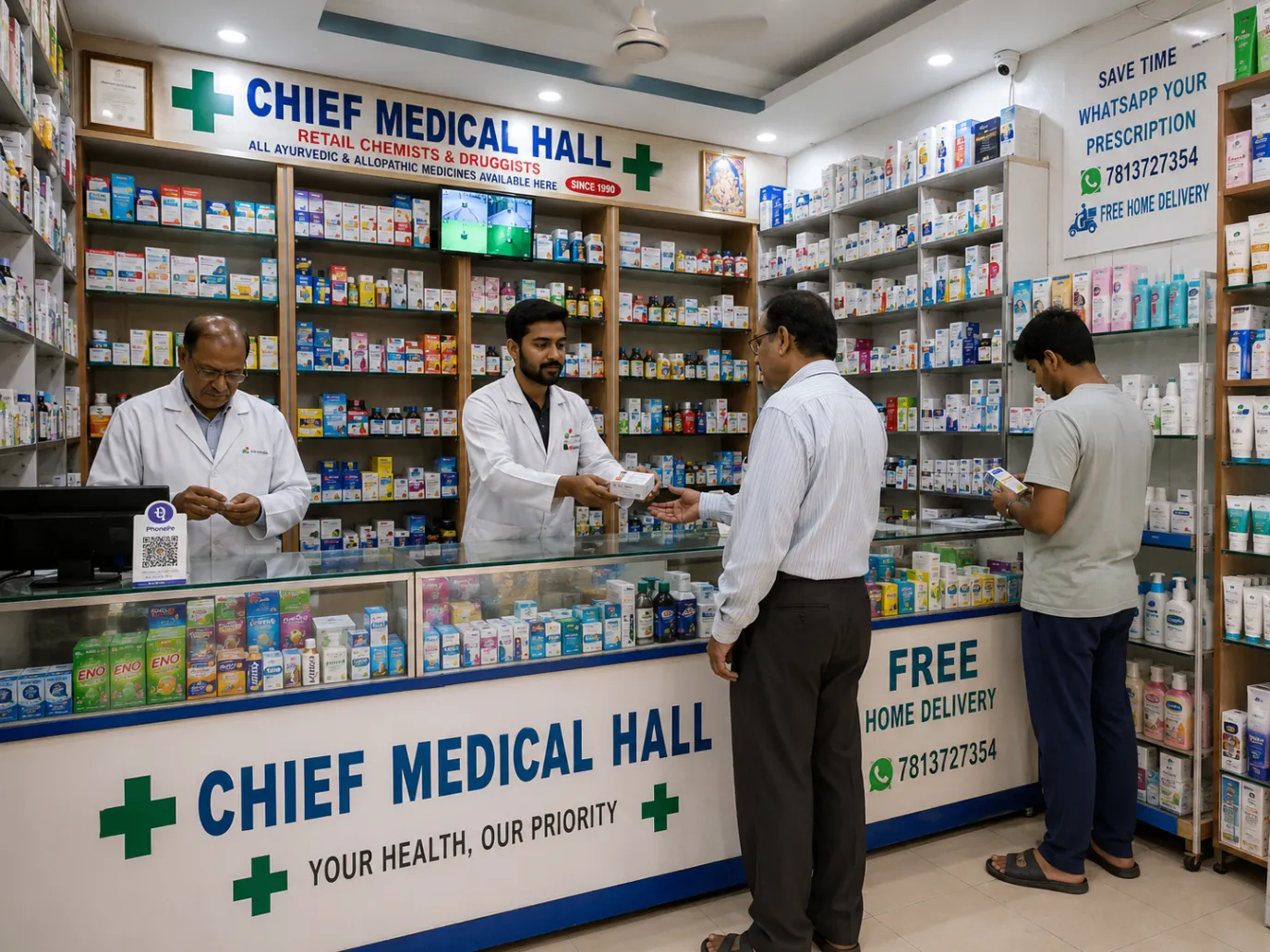 Busy Chief Medical Hall counter with pharmacists assisting multiple customers inside the store