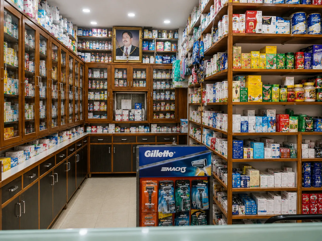 Well-stocked pharmacy interior with wooden shelves at Chief Medical Hall