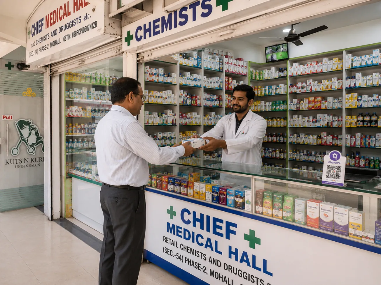 Chief Medical Hall pharmacist handing medicines to a customer at the counter in Phase 2, Mohali